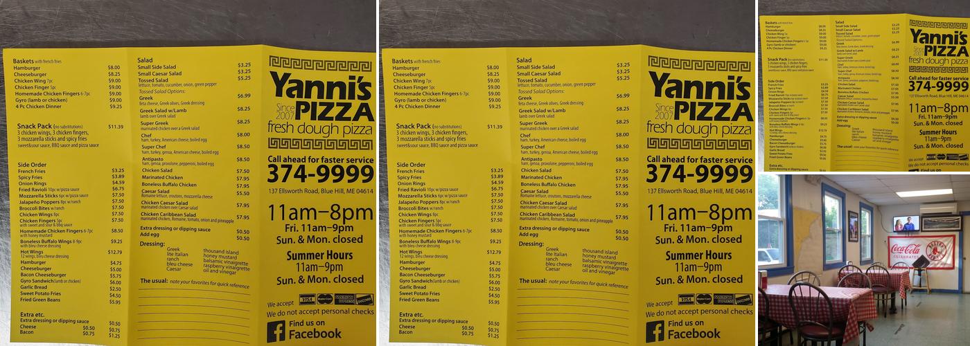 Yannis Pizza Blue Hill Menu