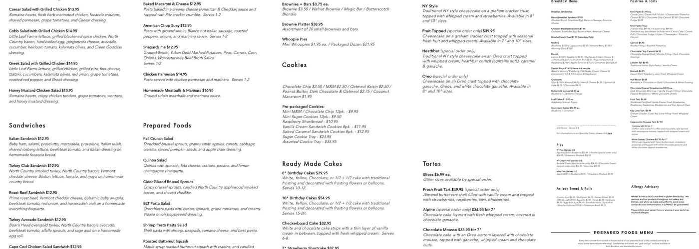 White's Bakery & Cafe Menu
