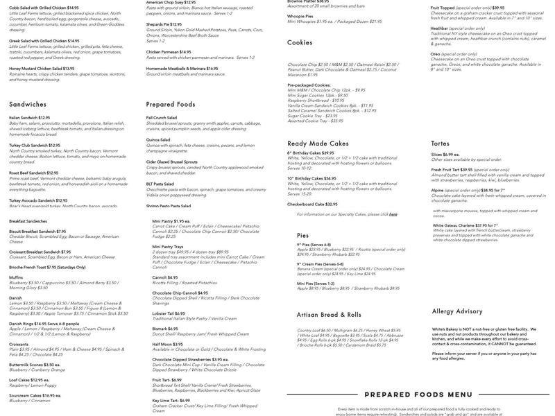 White's Bakery & Cafe Menu