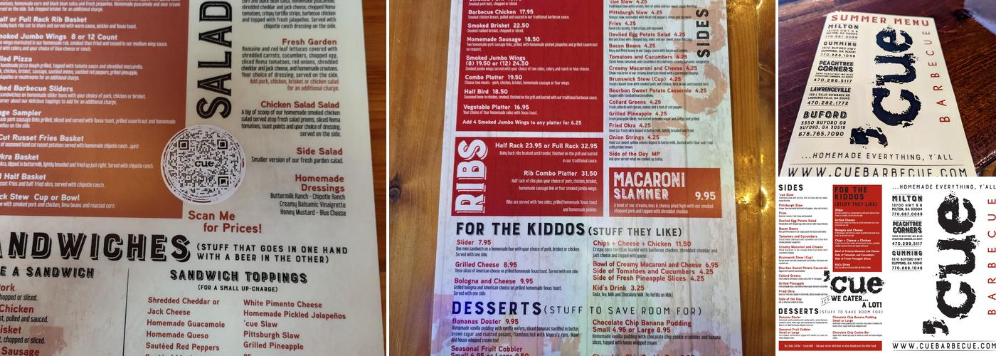 Cue Barbecue Menu