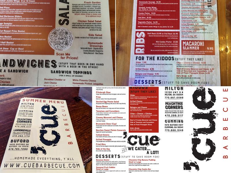Cue Barbecue Menu