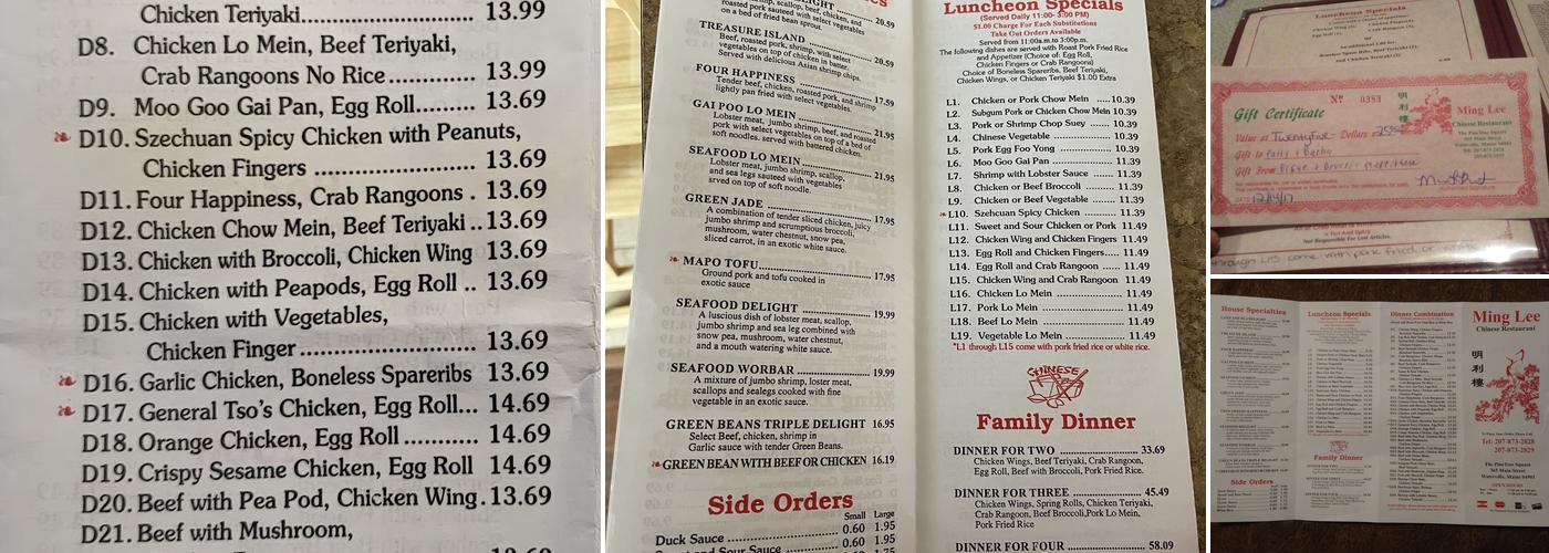 Ming Lee Chinese Restaurant Menu