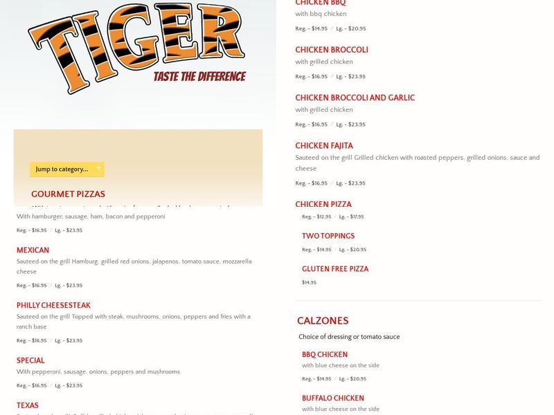 Hungry Tiger Pizza Menu