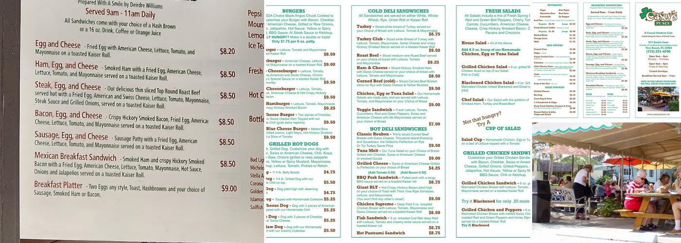 Casey's Place Menu