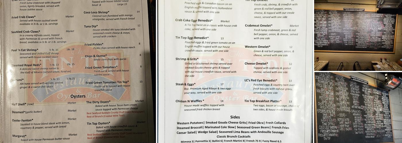 The Tin Top Restaurant & Oyster Bar Menu
