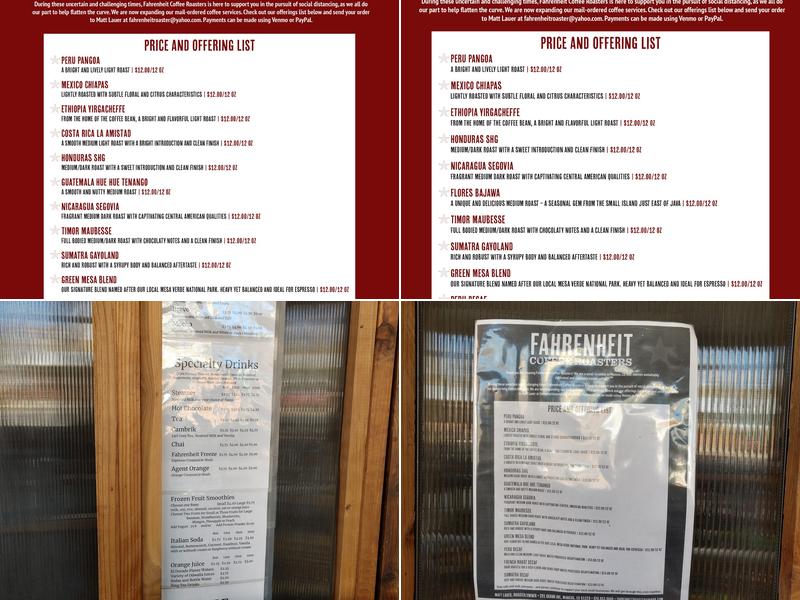 Fahrenheit Coffee Roasters Menu