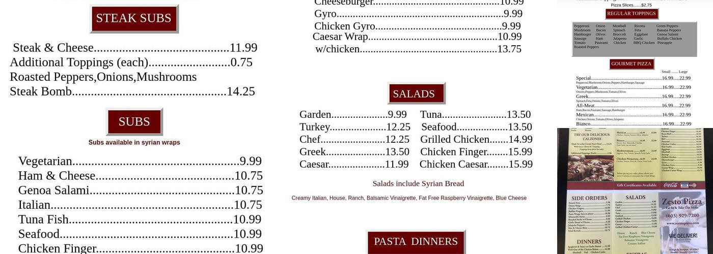 Zesto Pizza Menu