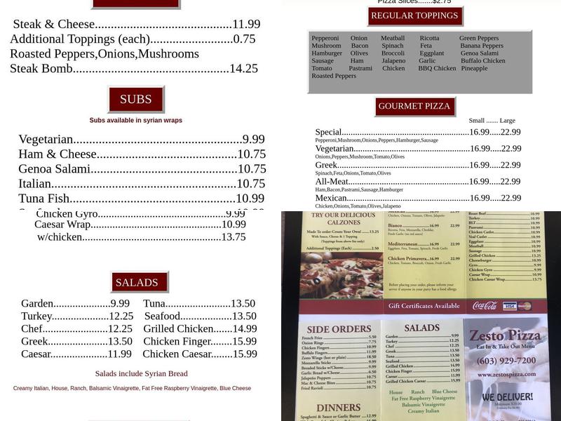 Zesto Pizza Menu