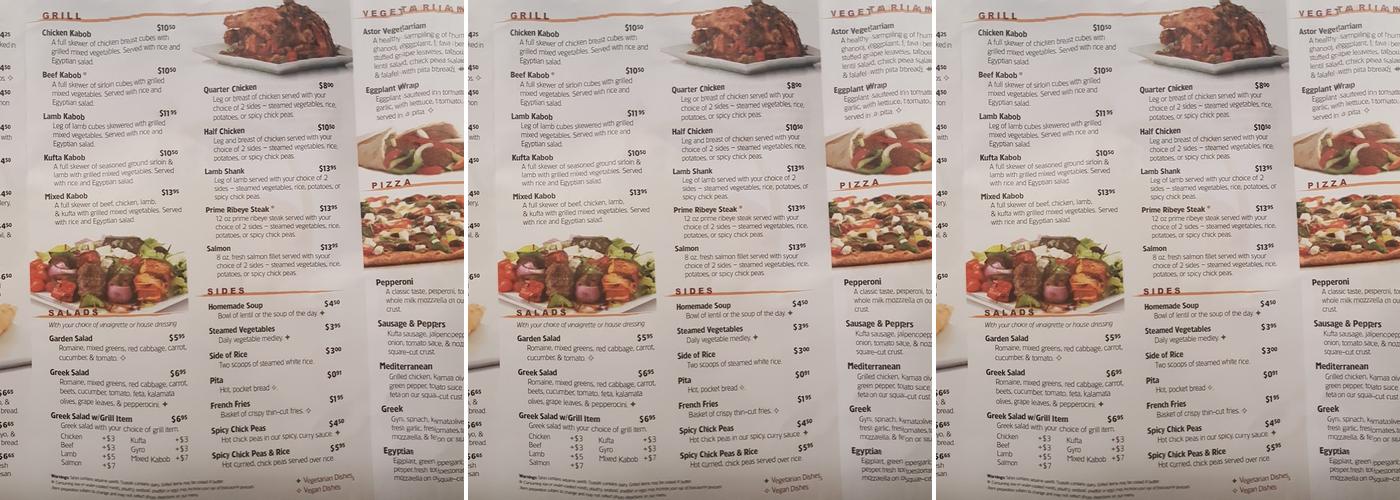 Astor Mediterranean Menu