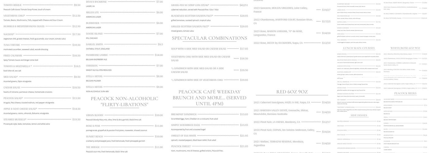 Peacock Café Menu