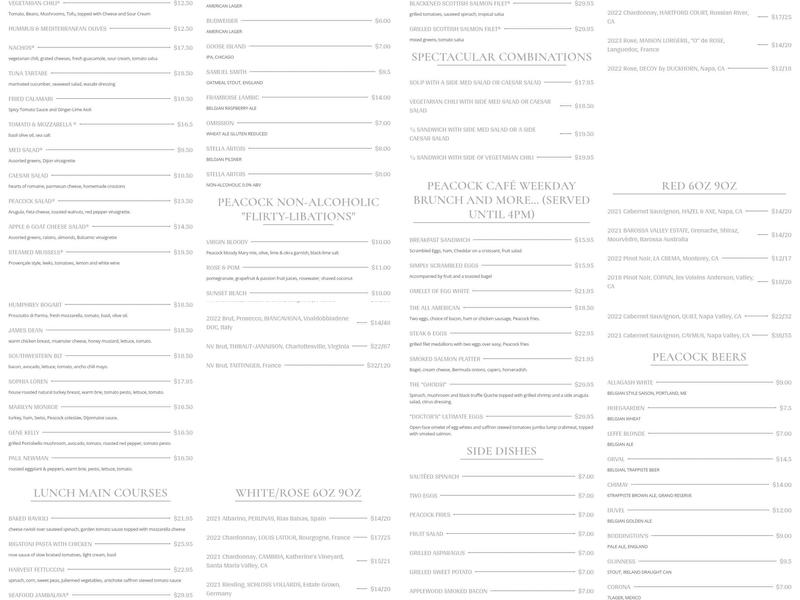 Peacock Café Menu