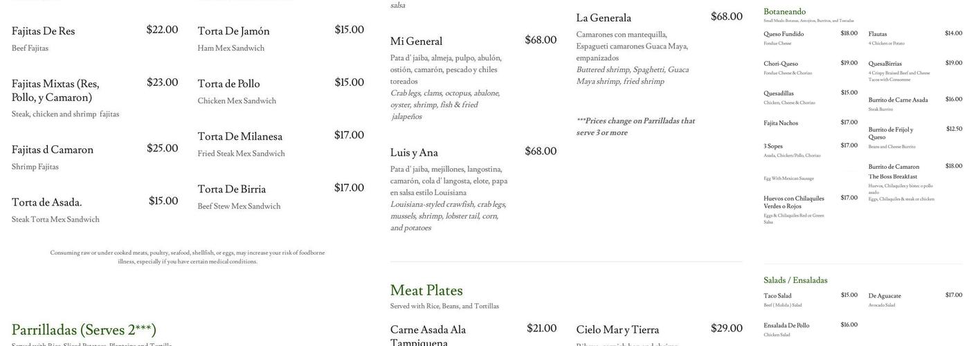 Guaca Maya Menu