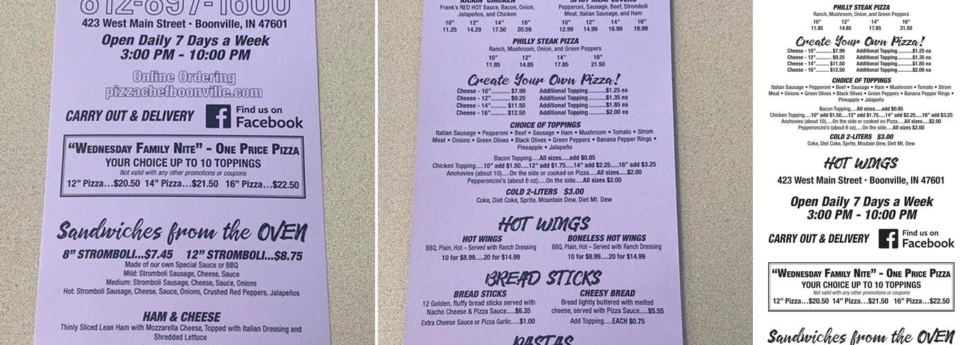 Pizza Chef of Boonville Menu