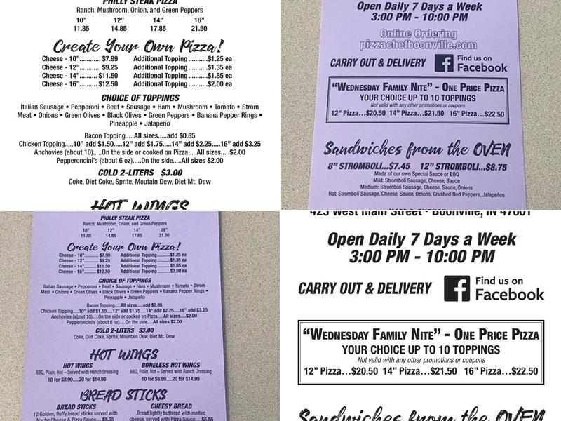 Pizza Chef of Boonville Menu