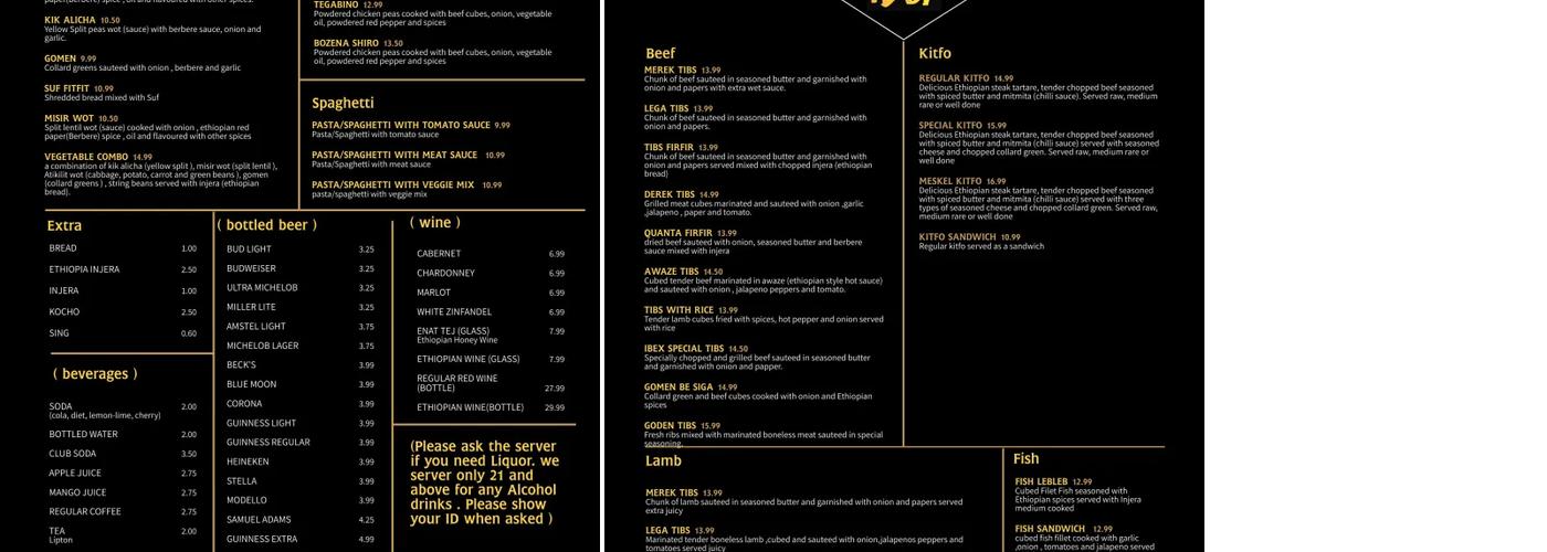 IBEX (አይቤክስ) Ethiopian Restaurant and Lounge Menu