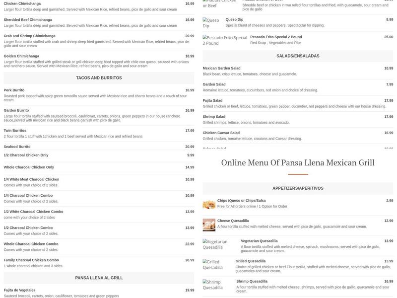 Panza Llena Méxican Grill Menu