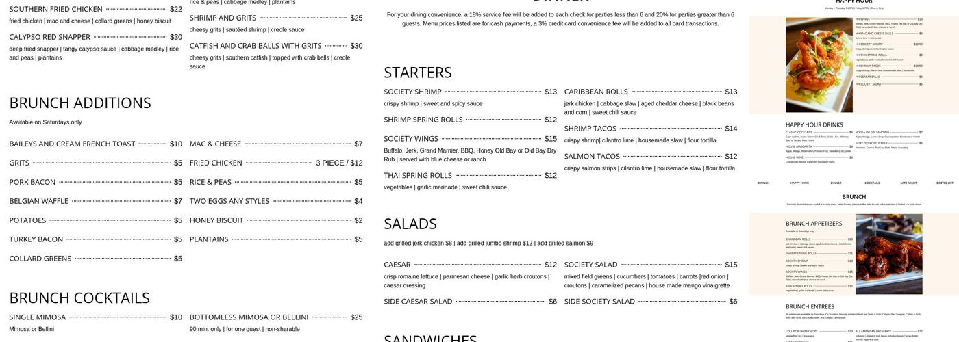 The Society Restaurant & Lounge Menu
