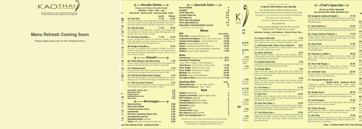 Kao Thai Menu