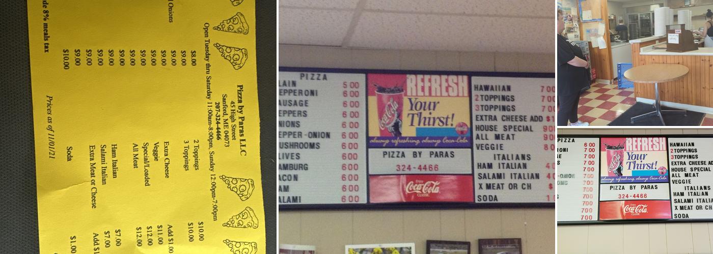 Paras Pizza Menu
