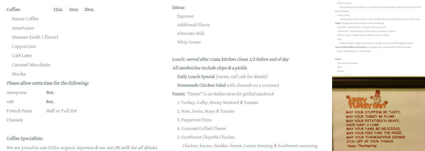 The Java Bean Cafe Menu