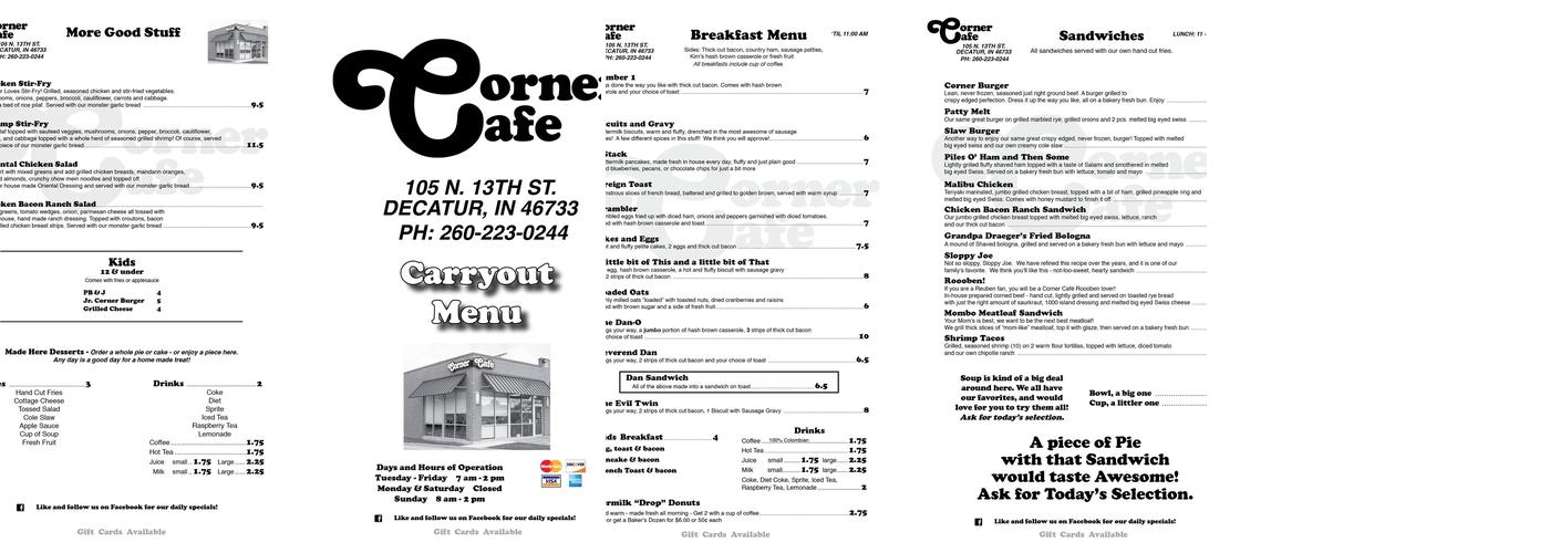 Corner Cafe Menu