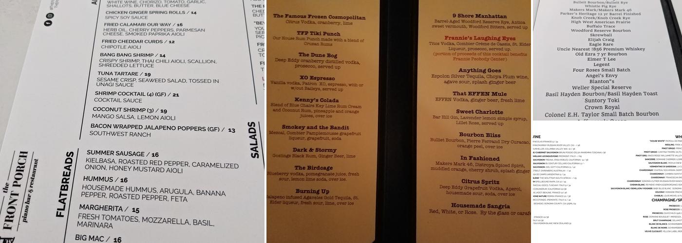 The Front Porch Piano Bar & Restaurant Menu