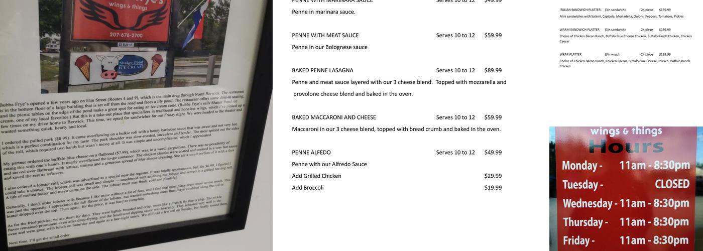 Bubba frye's Wings & Things Menu