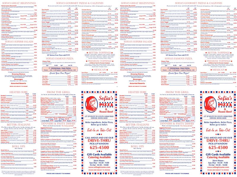 Sofia's Pizza & Roast Beef Menu