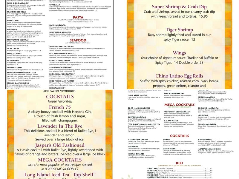 Jasper's Restaurant Menu