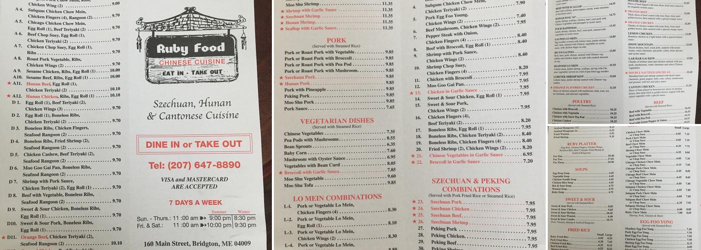 Ruby Food Menu