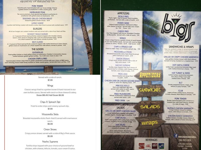 Big's Bar & Grill Menu
