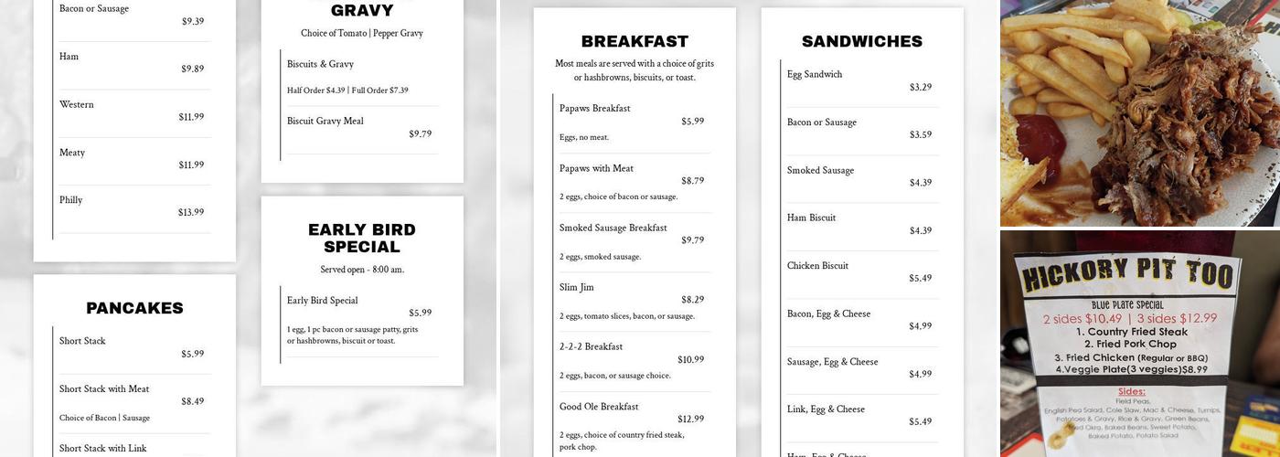 Hickory Pit Too Menu