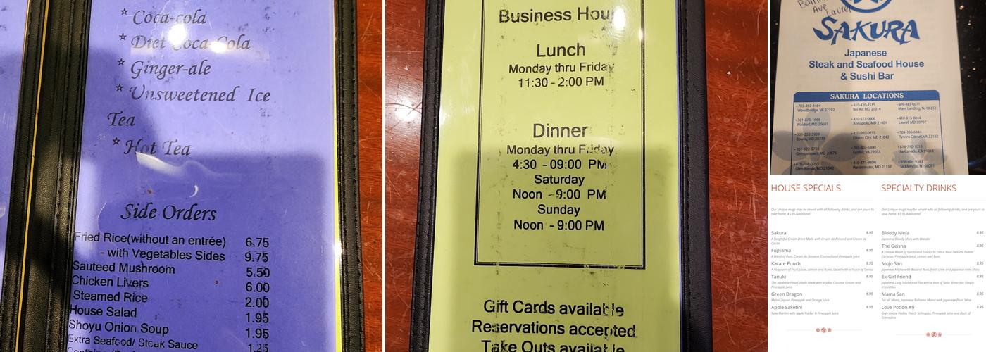 Sakura Japanese Steak, Seafood House & Sushi Bar Menu