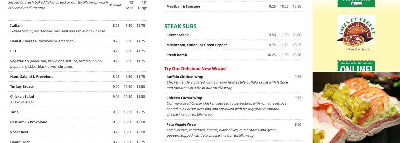 Pizza By George Menu