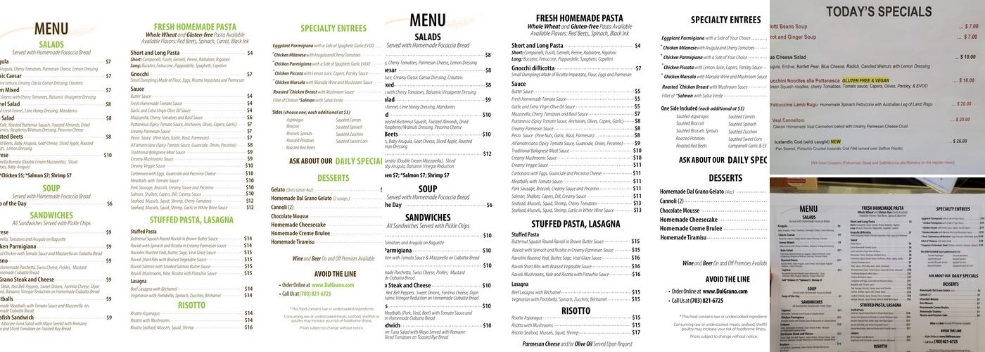 Dal Grano Menu