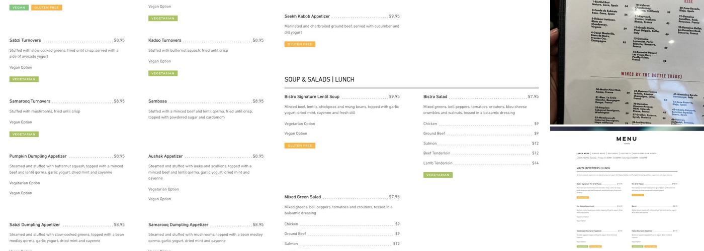 Afghan Bistro Menu