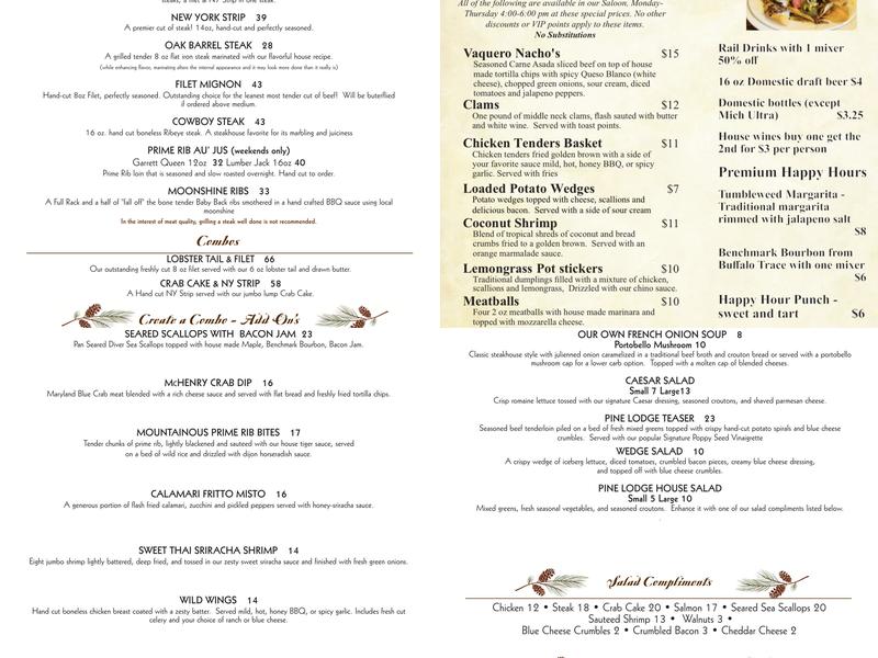 Pine Lodge Steakhouse Menu