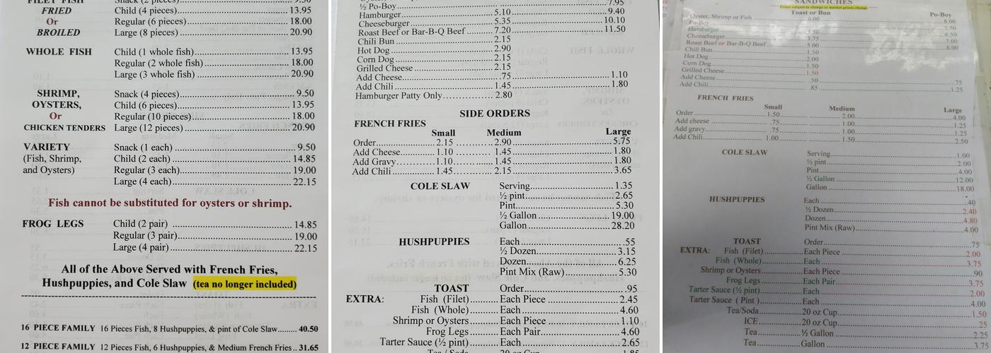 Warner's Fish House Menu