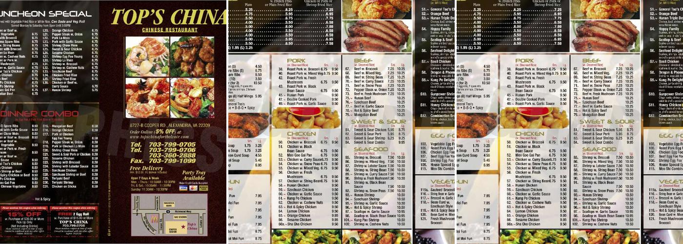 Tops China Menu