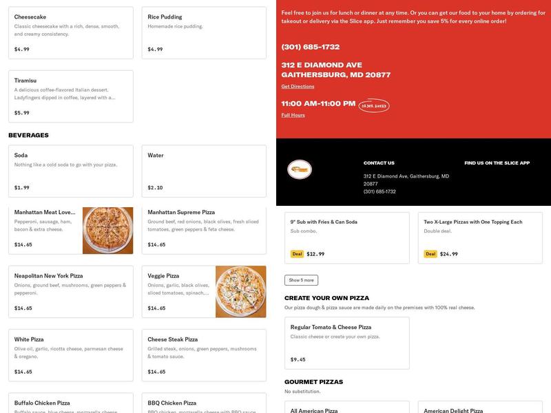 Manhattan Pizza & Pasta Menu