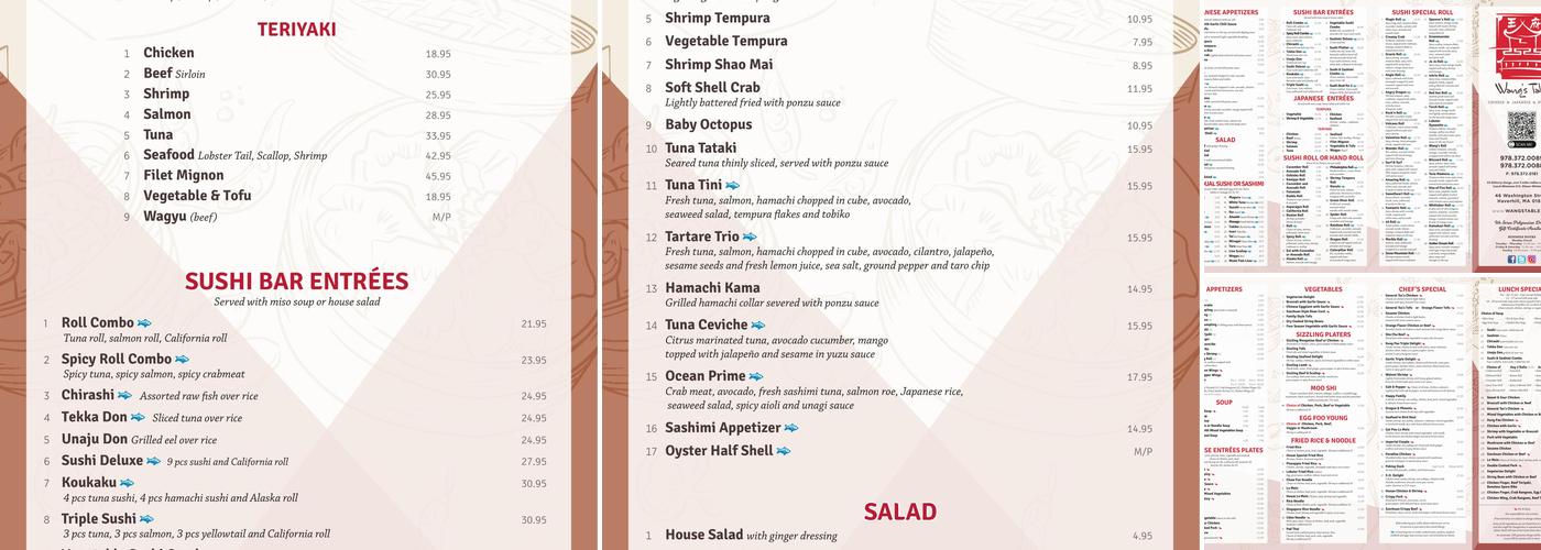 Wang's Table Menu