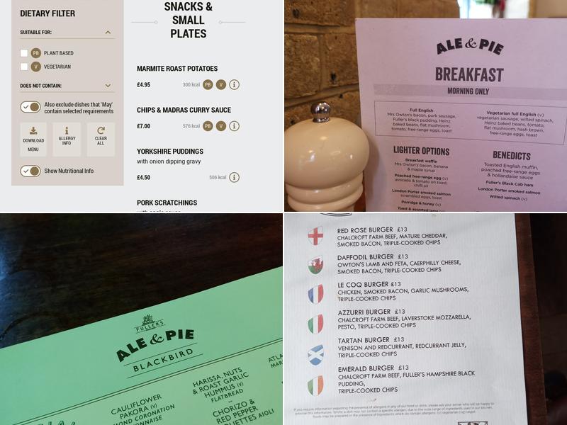 The Blackbird, Earl's Court Menu