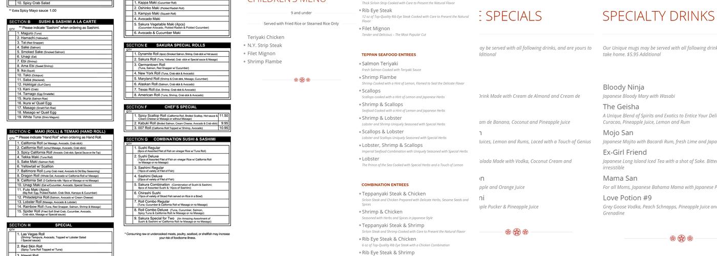 Sakura Japanese Steak, Seafood House & Sushi Bar Menu