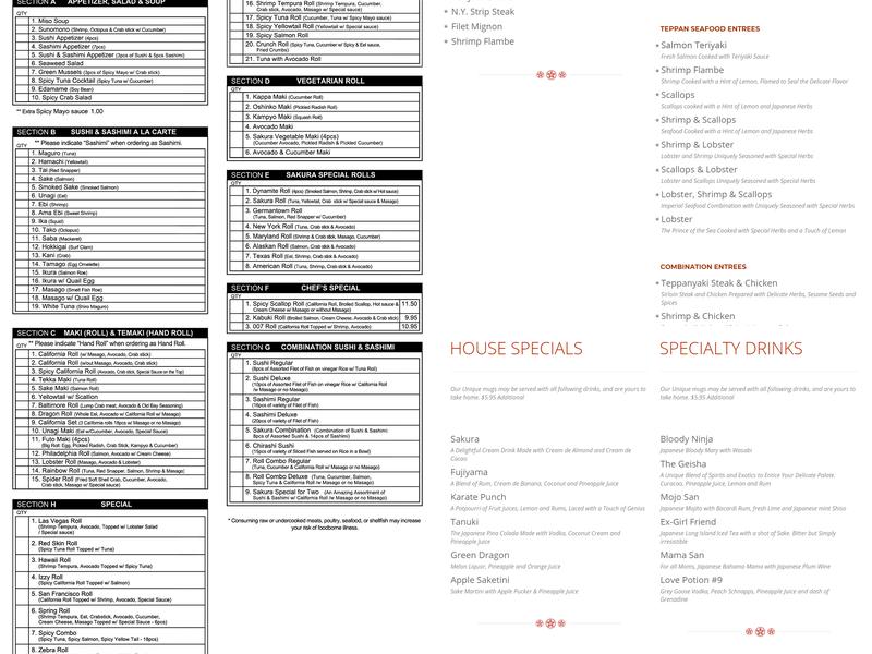 Sakura Japanese Steak, Seafood House & Sushi Bar Menu