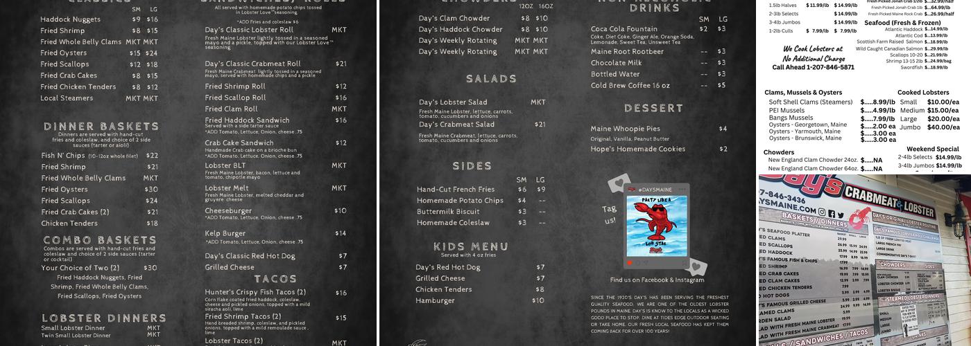 Day's Crabmeat & Lobster Menu