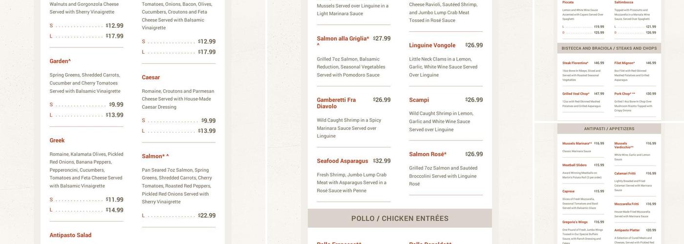 Gregorio's Trattoria Menu