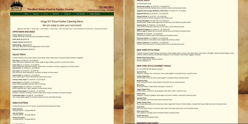 King's New York Pizza Menu