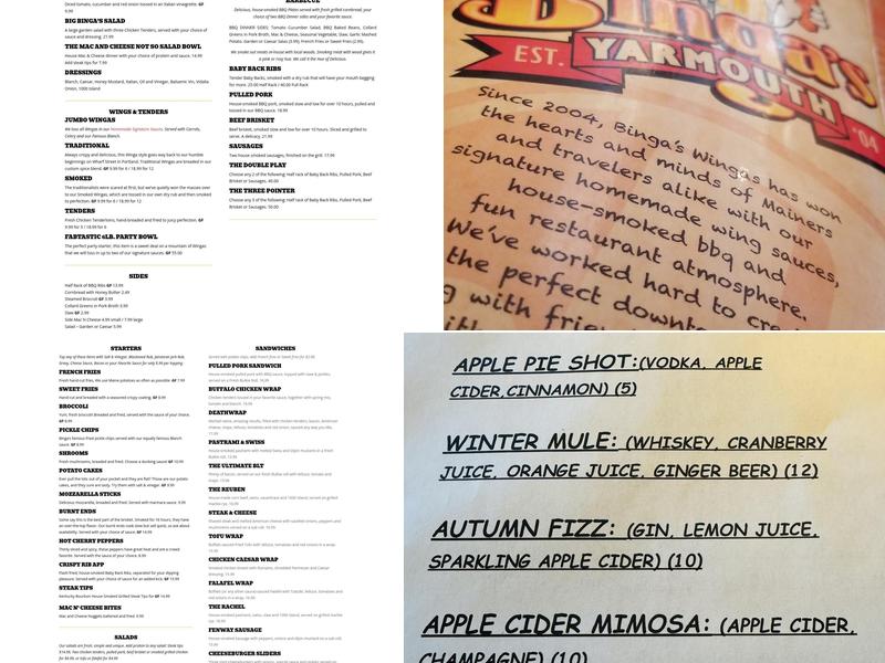 Binga's Wingas Yarmouth Menu