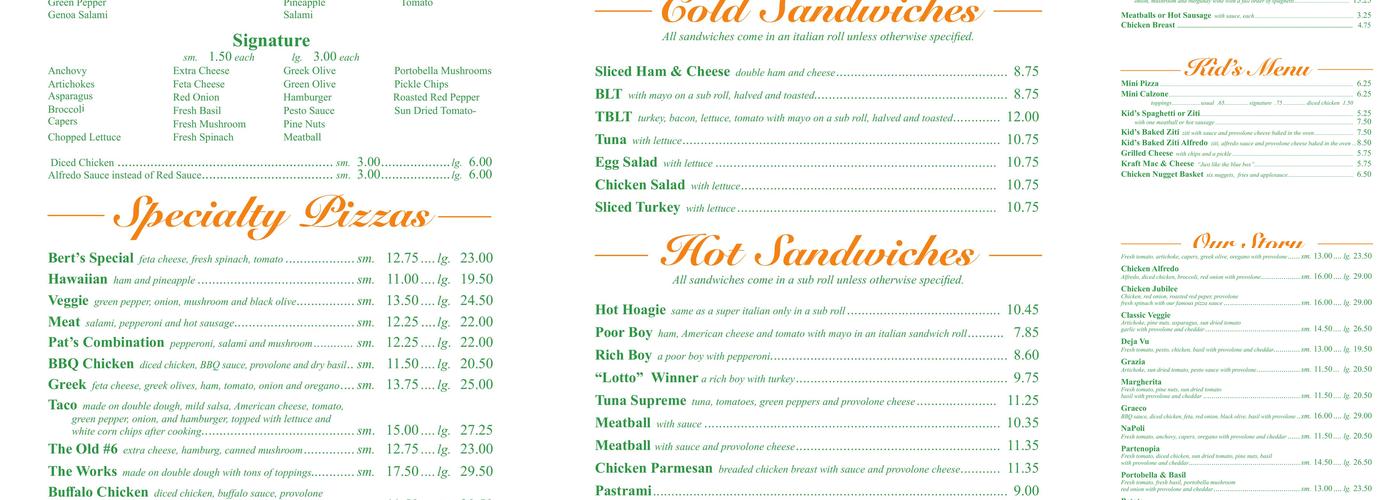 Pat's Pizza Menu