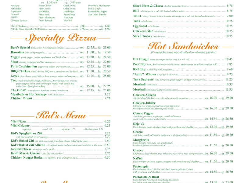 Pat's Pizza Menu